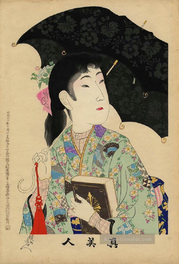 Eine Frau mit einem Regenschirm im westlichen Stil und einem Buch im westlichen Stil Toyohara Chikanobu Ölgemälde